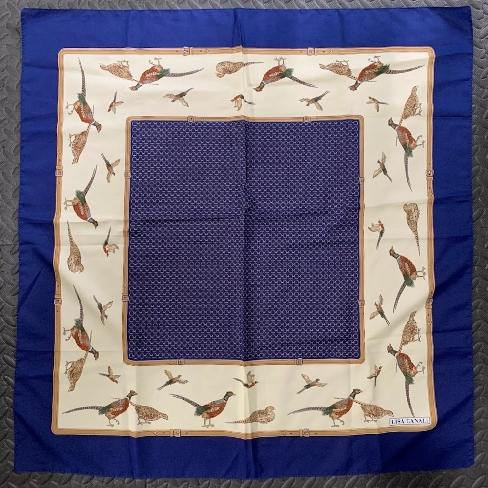 Vintage Lisa Canali Flying Pheasants Blue Multicolor Square Scarf Made in Italy